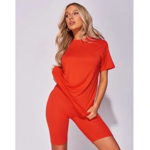 Orange Short Sleeve Top T-Shirt and Biker Shorts Two Piece Set - Picture 4 of 10